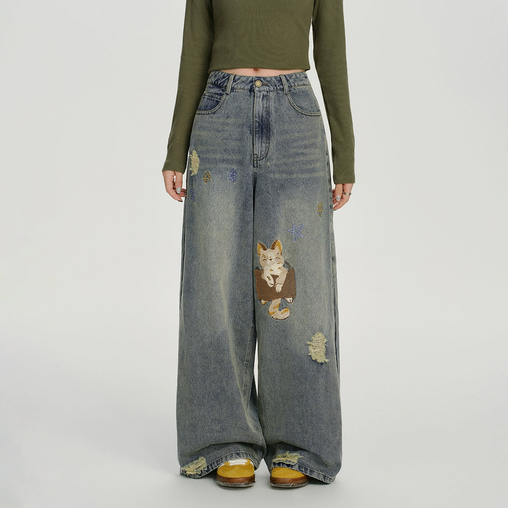 Girlyhalo Vintage Embroidered Loose Jeans