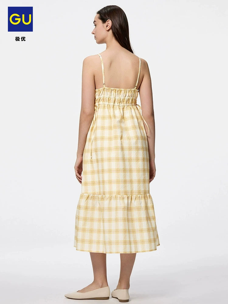 GU Plaid Suspender Dress V-neck Bow