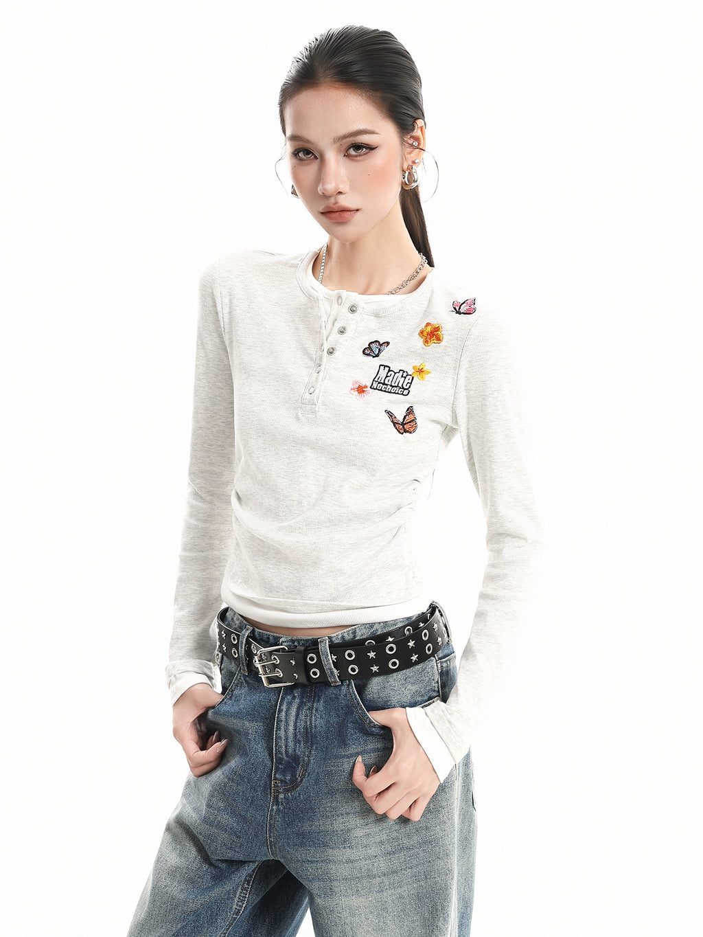 Kenvibe Vintage Alphabet Butterfly Embroidery Fake Two Piece Long Sleeve