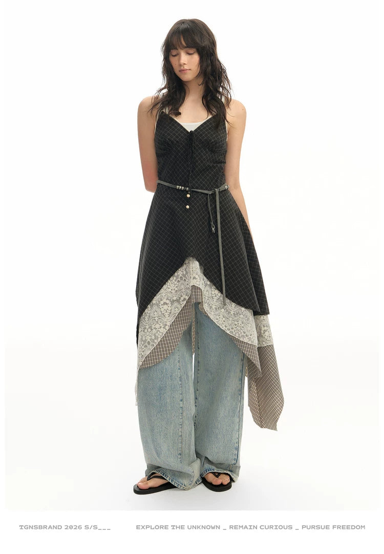 TGNS Checked Lace Stitching Dress