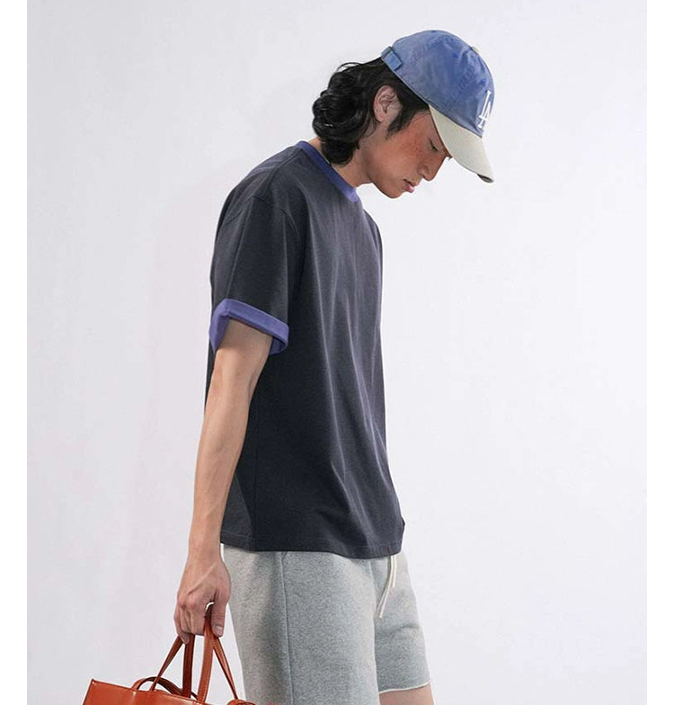 O3PARK Vintage Loose Versatile Contrast Colour Collar Roll Sleeve Tee