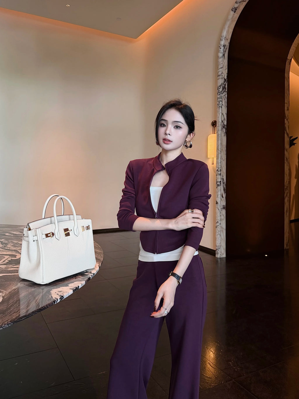 CHUYUQI Casual Short Zipper Top Flared Pants Two-piece Set