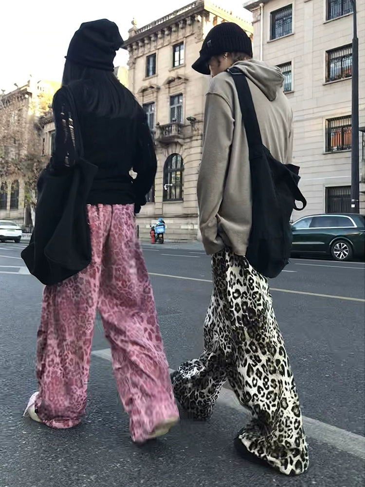 STILLYOU Vintage Rock Leopard Print Straight-pleated Slacks