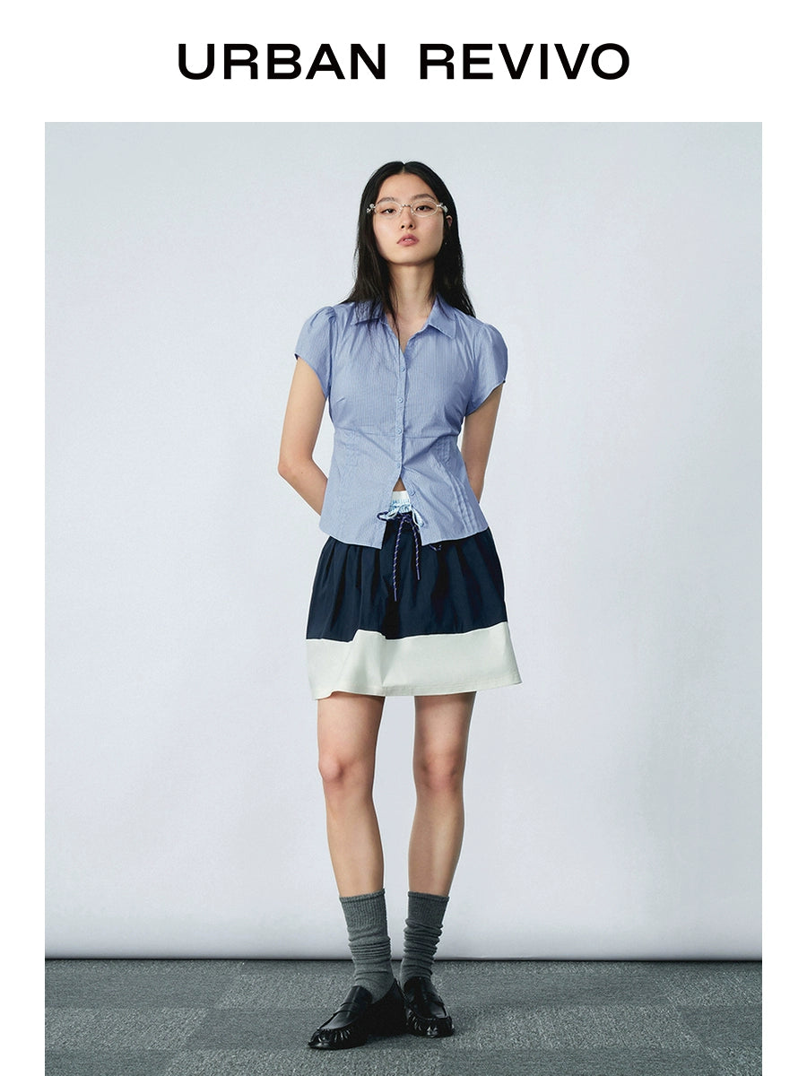 URBAN REVIVO Casual Contrast Checked Lace-Up Open Shirt