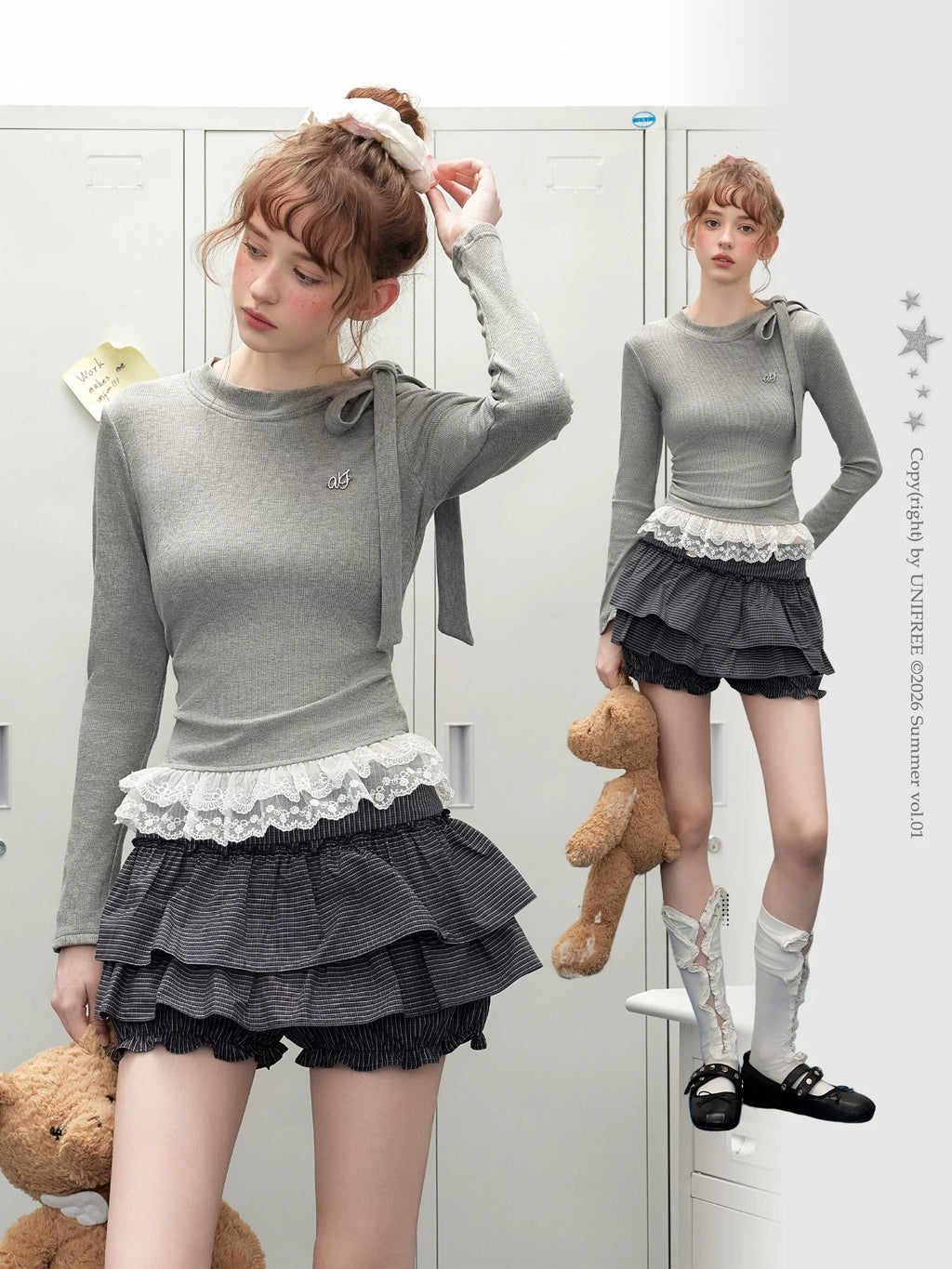 UNIFREE Bow Strap Simple Versatile Lace Edge Long Sleeve