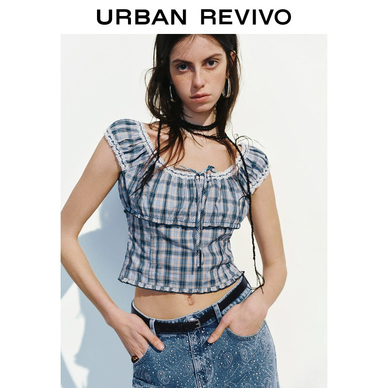 URBAN REVIVO Lace Fungus Edge Contrasting Plaid Blouse Shirt