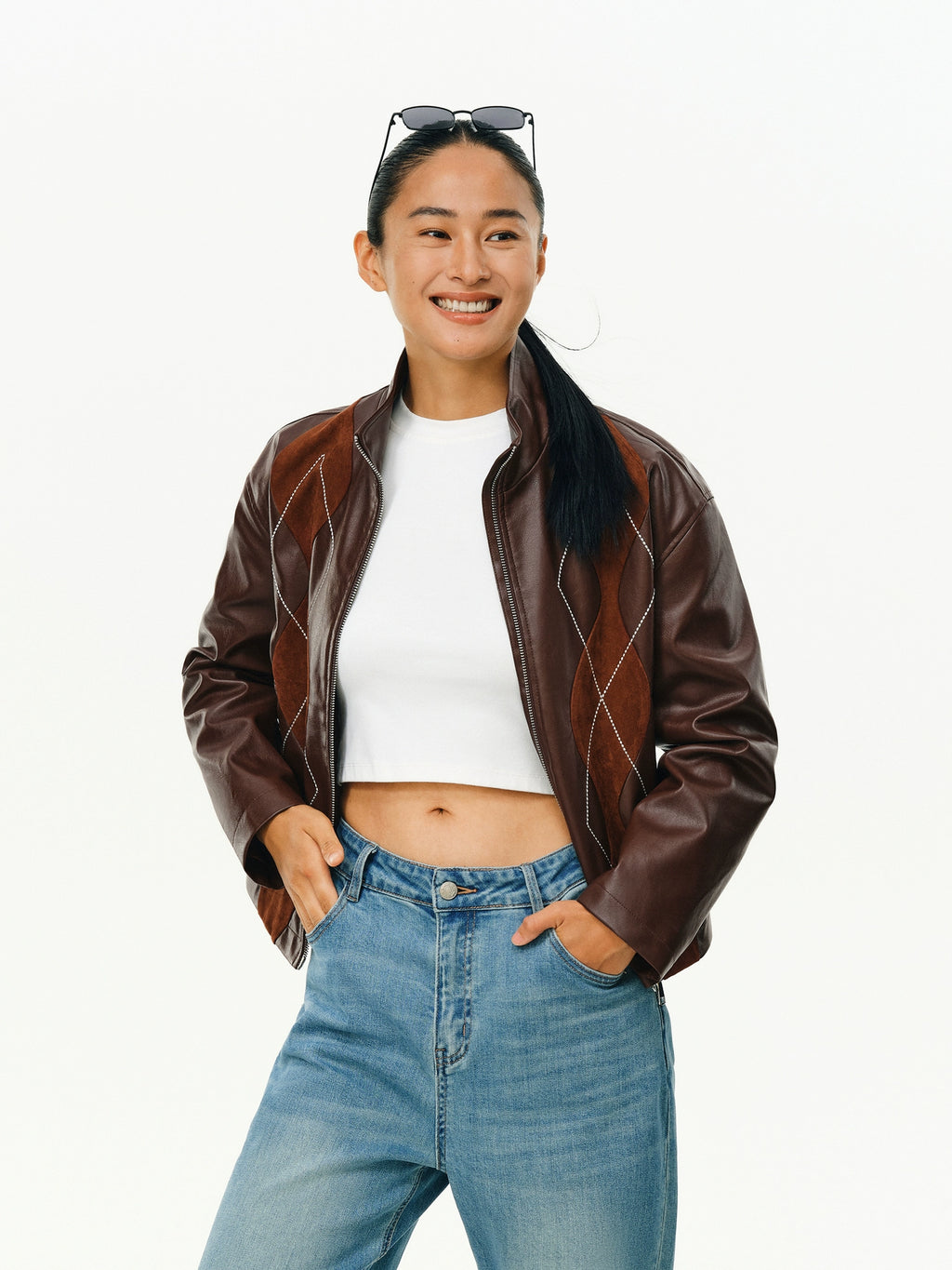 ATRY Retro Ruffian Handsome Rhombus Stitched Suede PU Locomotive Jacket