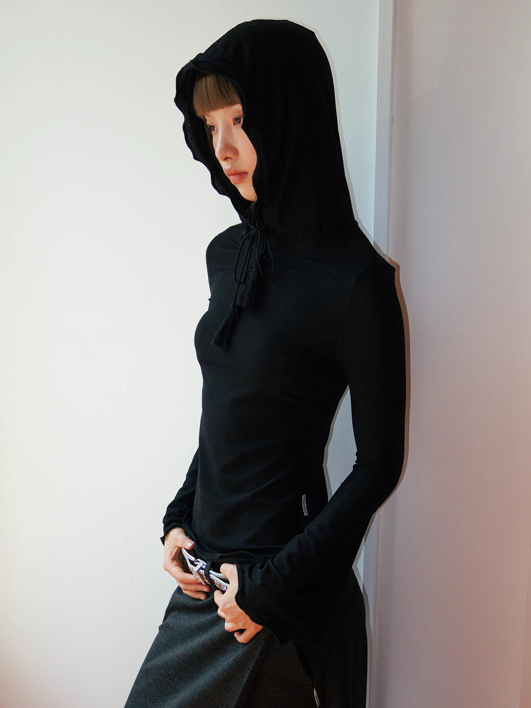 FUNKYFUN Stretch Horn Sleeve Hooded Thin Sweater