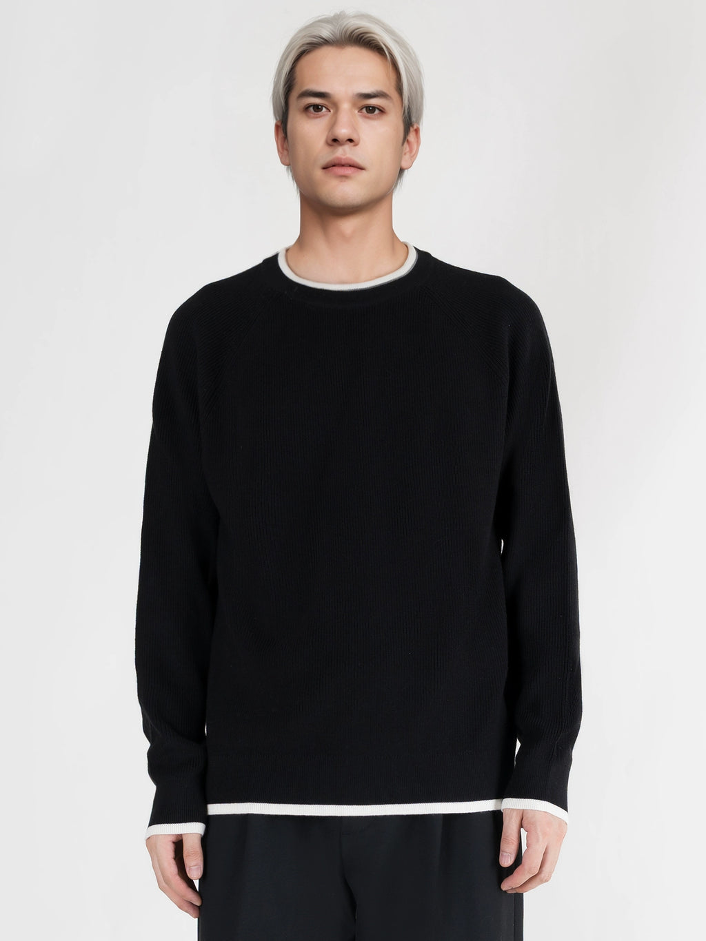 PERDU Shoulder Sleeves Contrasting Color Crew Neck Knitted Long-sleeved Sweater