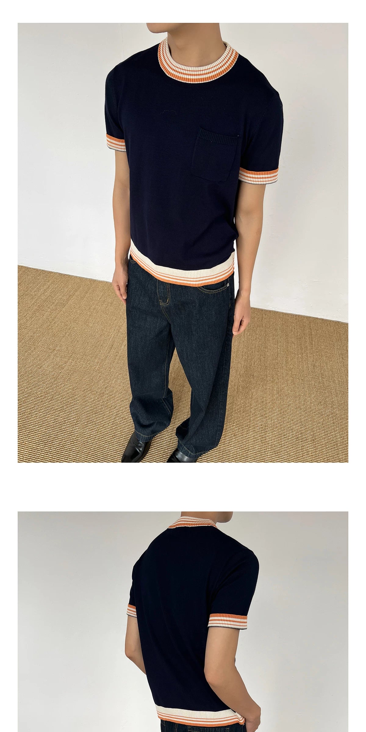 Chein Niche Contrasting Color Knitted Versatile Tee