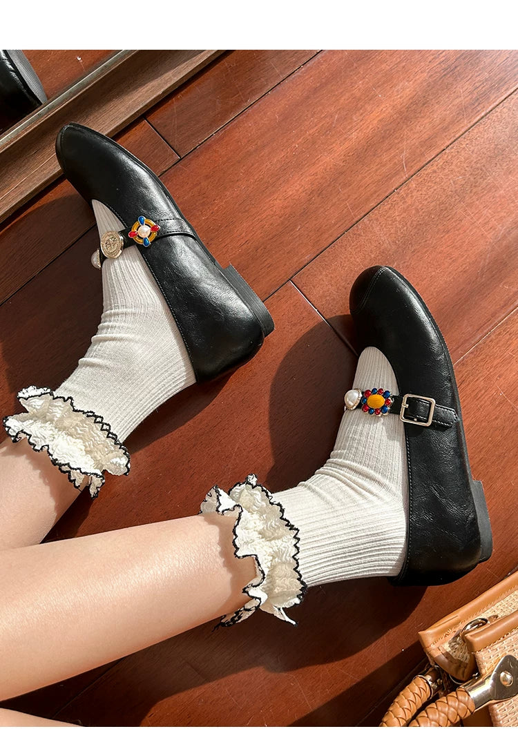 CHRNDXEE Retro Round Head Shallow Mouth Flat Mary Jane Shoes