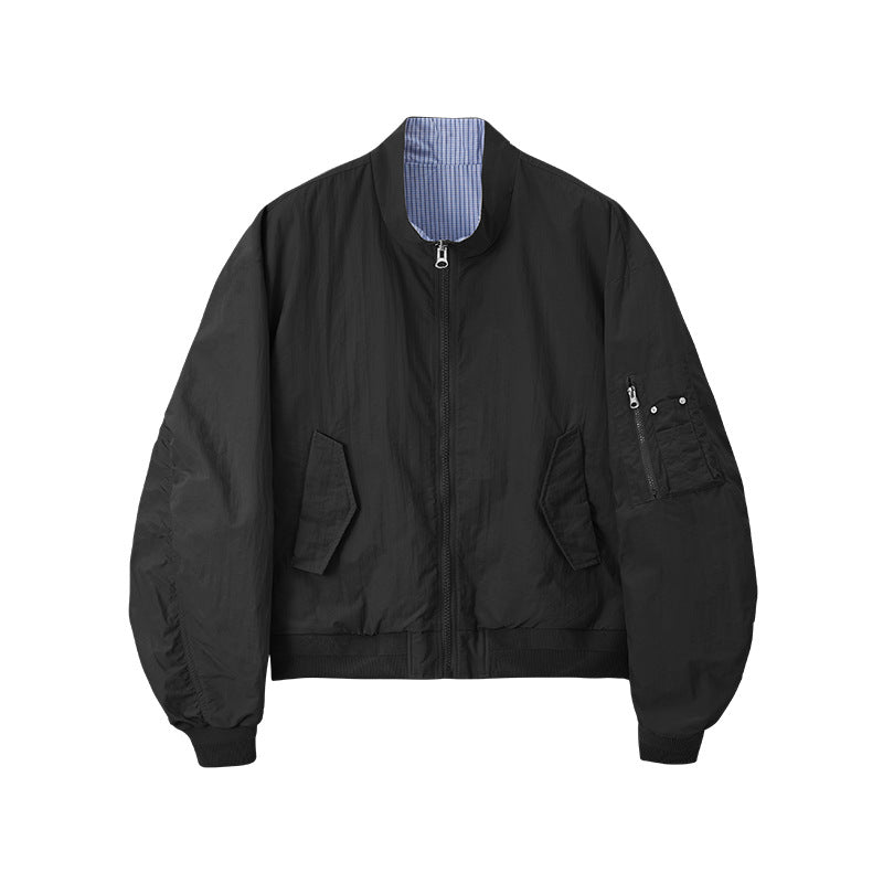 Inflation Short Stand-Up Collar Checked Contrast Baseball Jacket