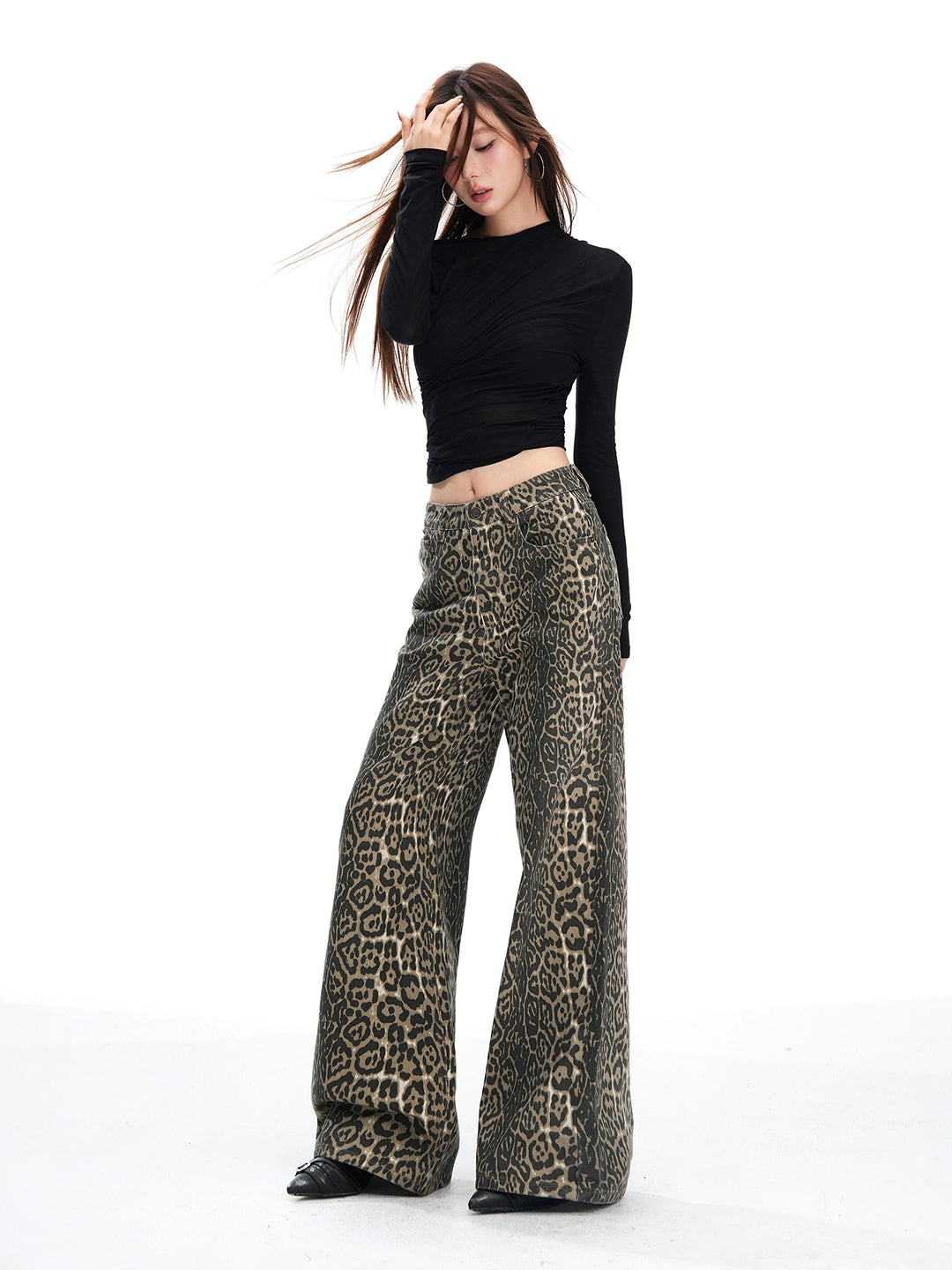 KPSR Retro Leopard Print Low-rise Flared Pants