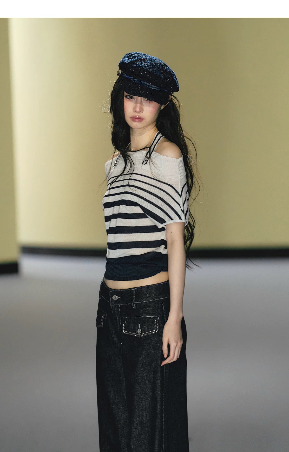 AGAM Striped Neck One Word Shoulder Waist Tee