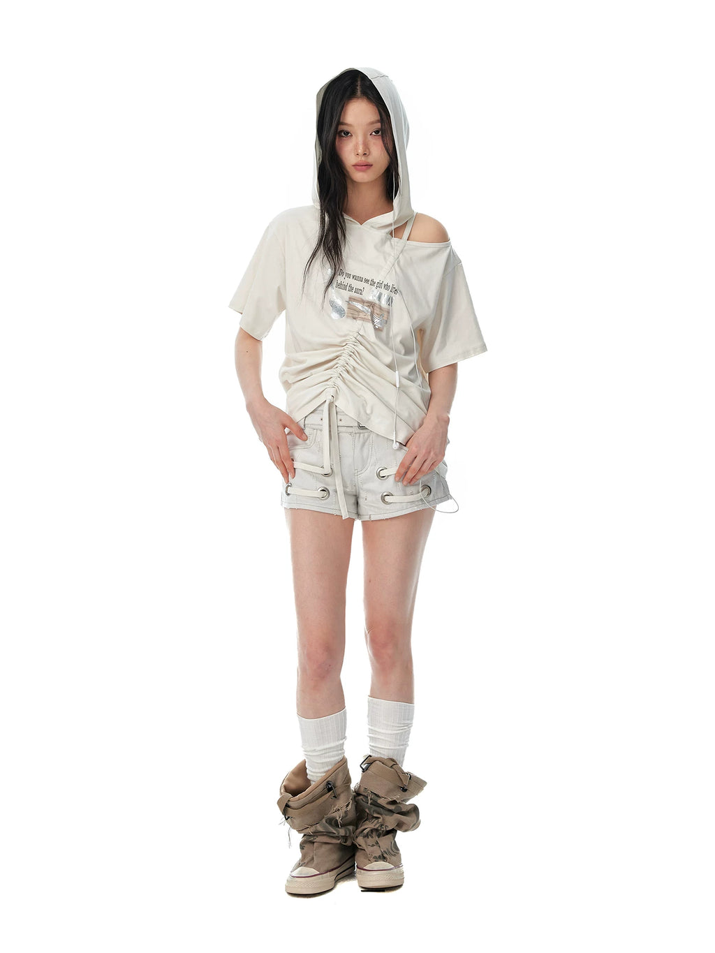 JIKOO Slanted Shoulder Hooded Loose Tee