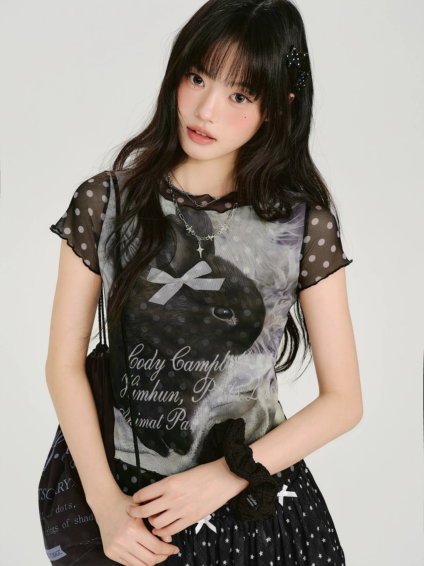 Girlyhalo Retro Mesh Polka Dot Slim Tee