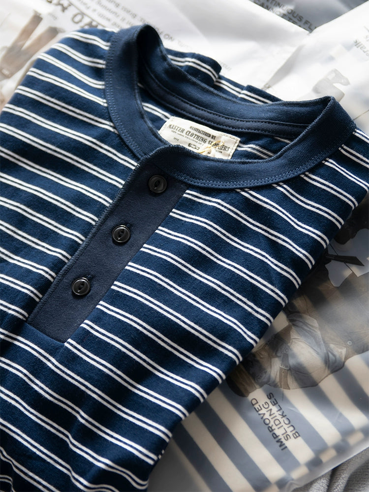 PrintAce Vintage Knitted Striped Henry Collar Button Tee