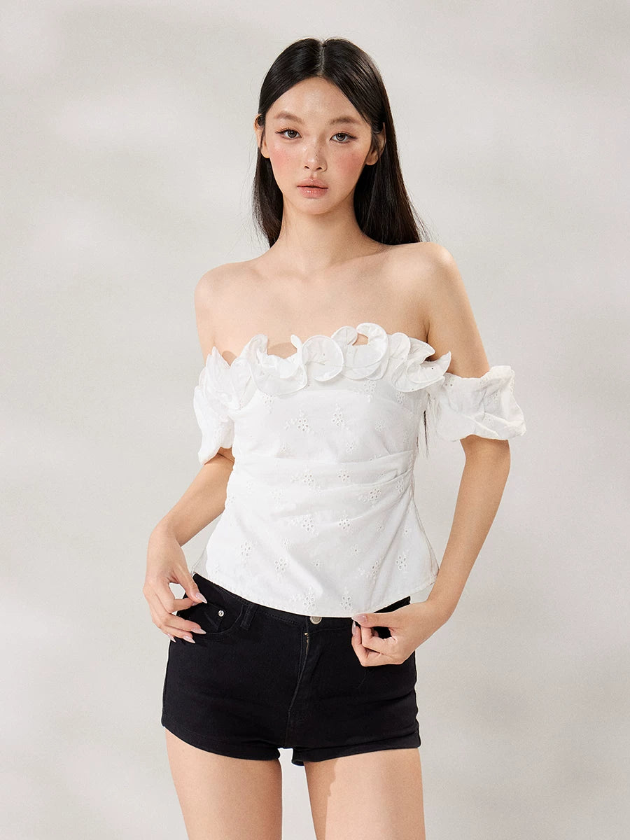 WITHMIN Temperament Three-dimensional Lace Thin Off-the-shoulder Tee