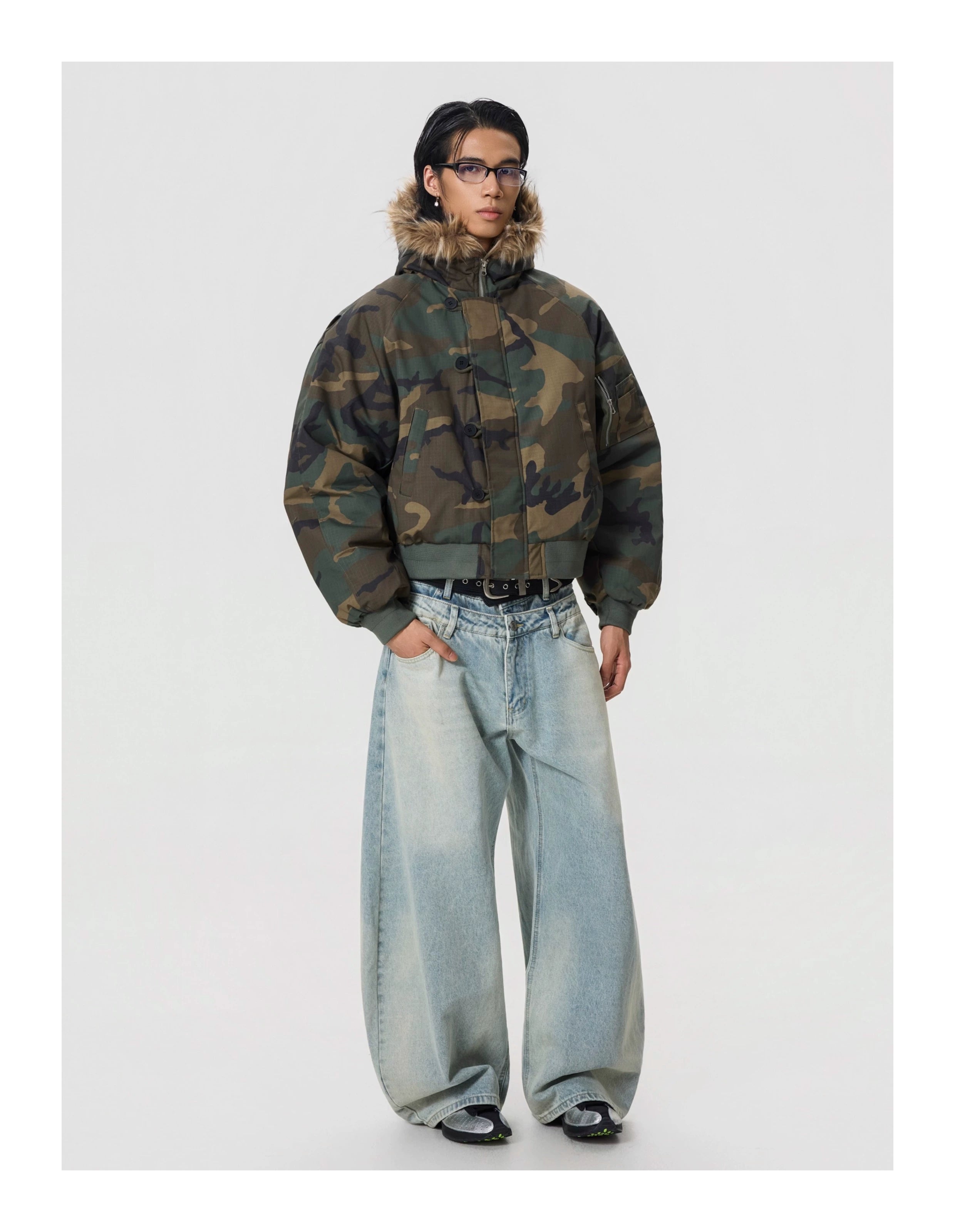 BTSG Camouflage Fur Collar Zip Jacket Cotton