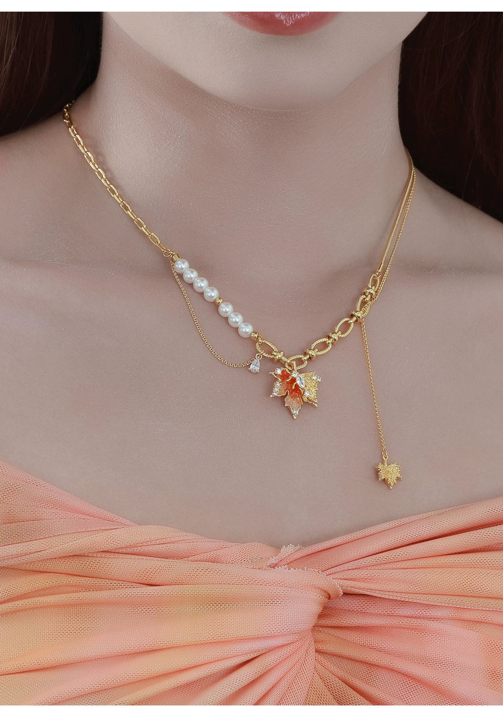 MASW Romantic Tassel Orange Maple Leaf Clavicle Chain