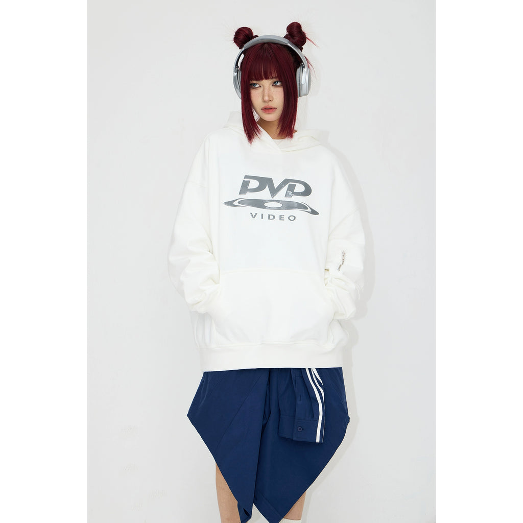 PEOPLESTYLE "DVD" Silicone Print Hidden Zipper Structure Hooded Sweater