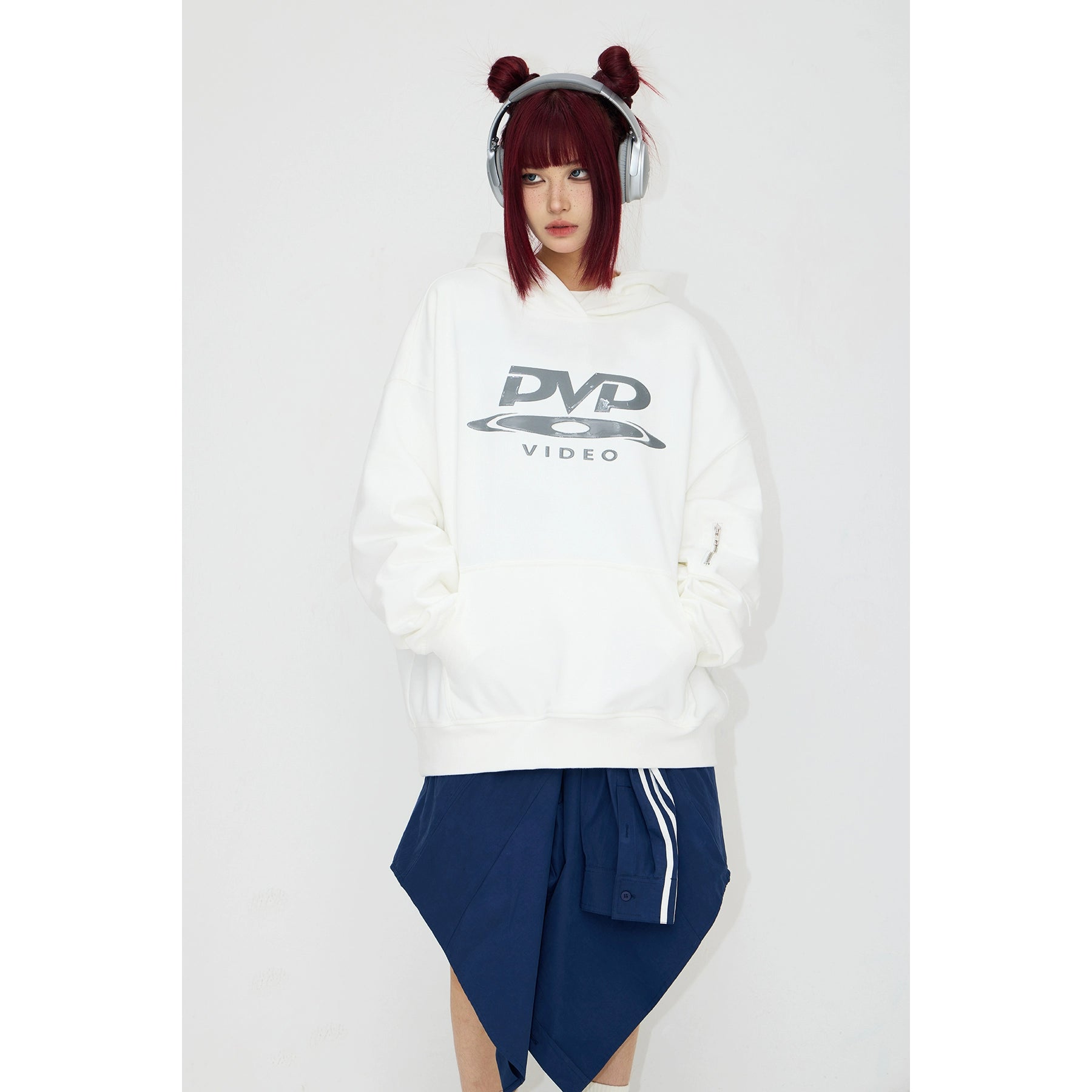 PEOPLESTYLE "DVD" Silicone Print Hidden Zipper Structure Hooded Sweater