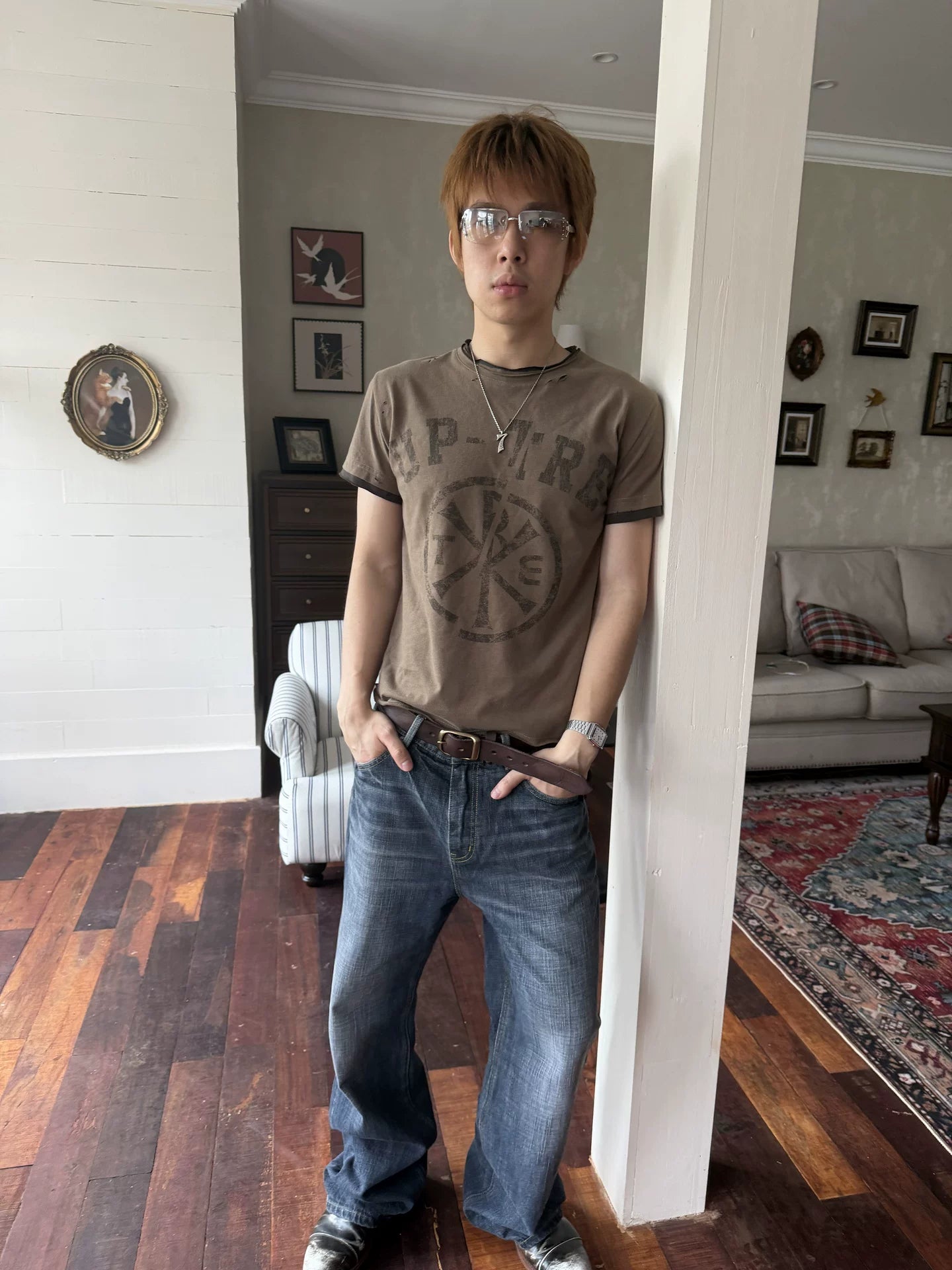 TREClub Retro Double Collar Fake Two Pieces Do Old Tee