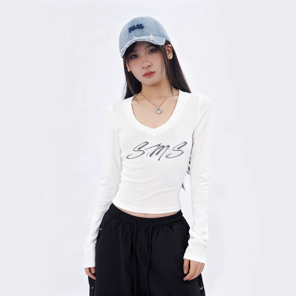 SAMUSAN V-neck Slim-fitting and Thin Skin-friendly Long-sleeved T-shirt