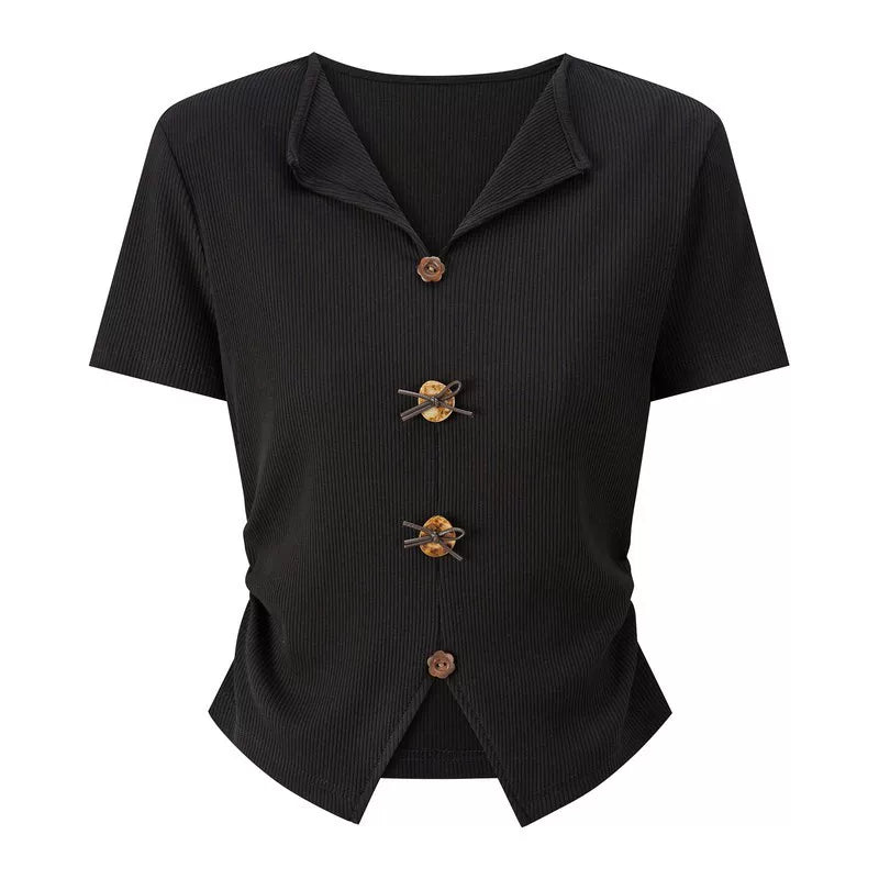Cantonstory Retro V-neck Front Shoulder Waist Thin Tee