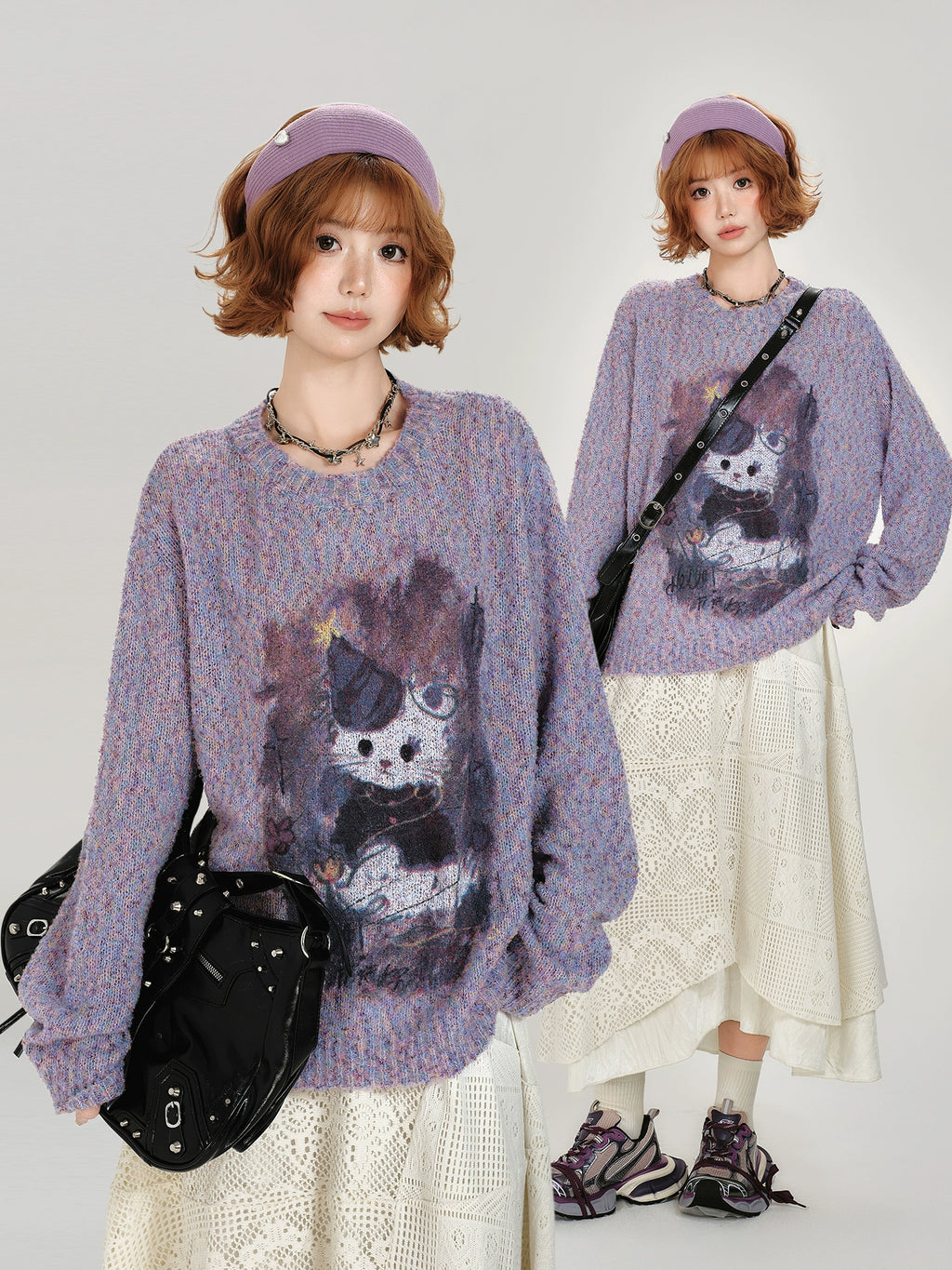Girlyhalo Vintage Print Pullover Crew Neck Knitted Sweater
