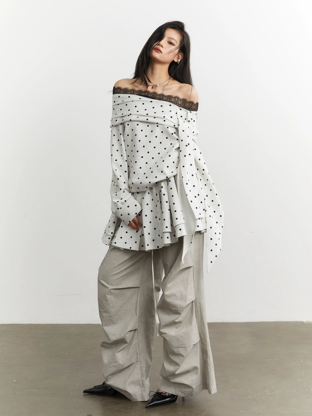 JNYLON Strappy Off-the-shoulder Polka Dot Sweater