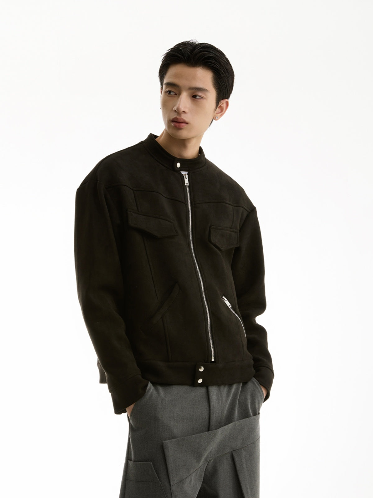 FUNKYFUN 2024AW black suede small stand-up neck zipper loose jacket jacket