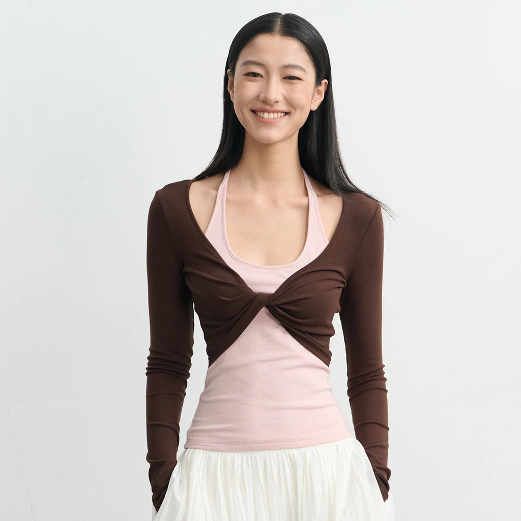 LINY LIBERTY Contrast Color Neck Knot Fake Two-piece Long Sleeve