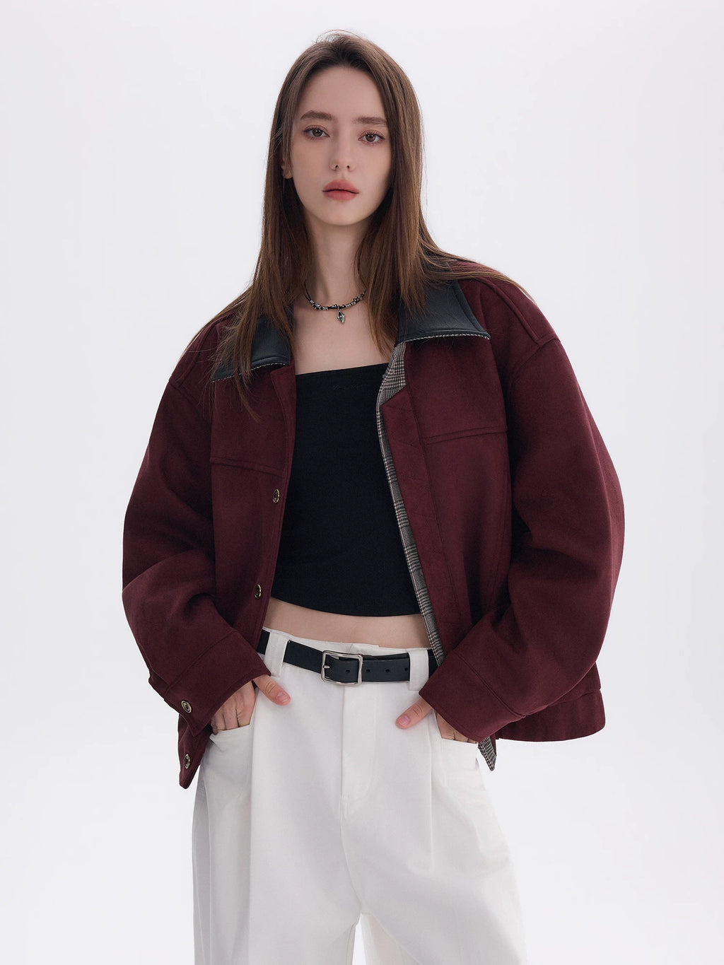 CHOR Color Matching Leather Collar Suede Lapel Jacket