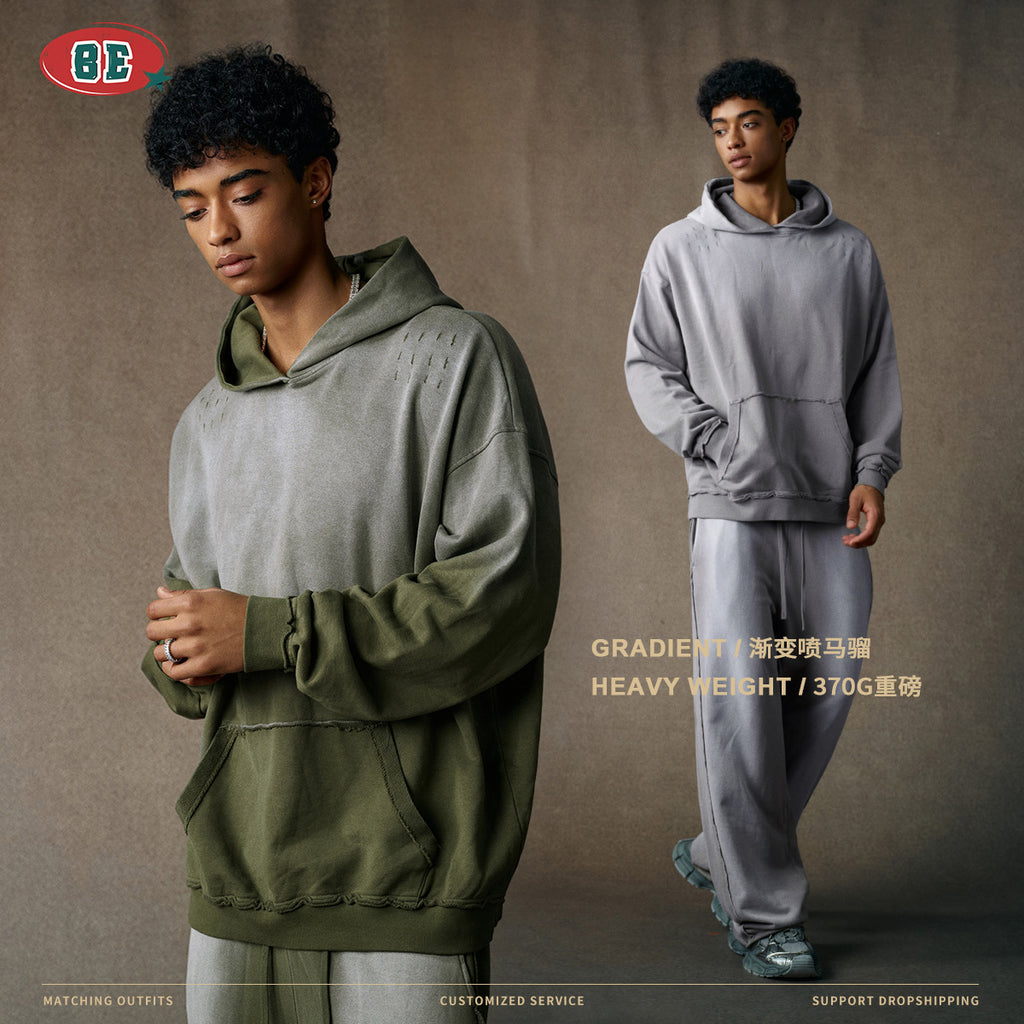 BE Gradual Change Hole Hooded Sweater Straight Pants Two-piece Set