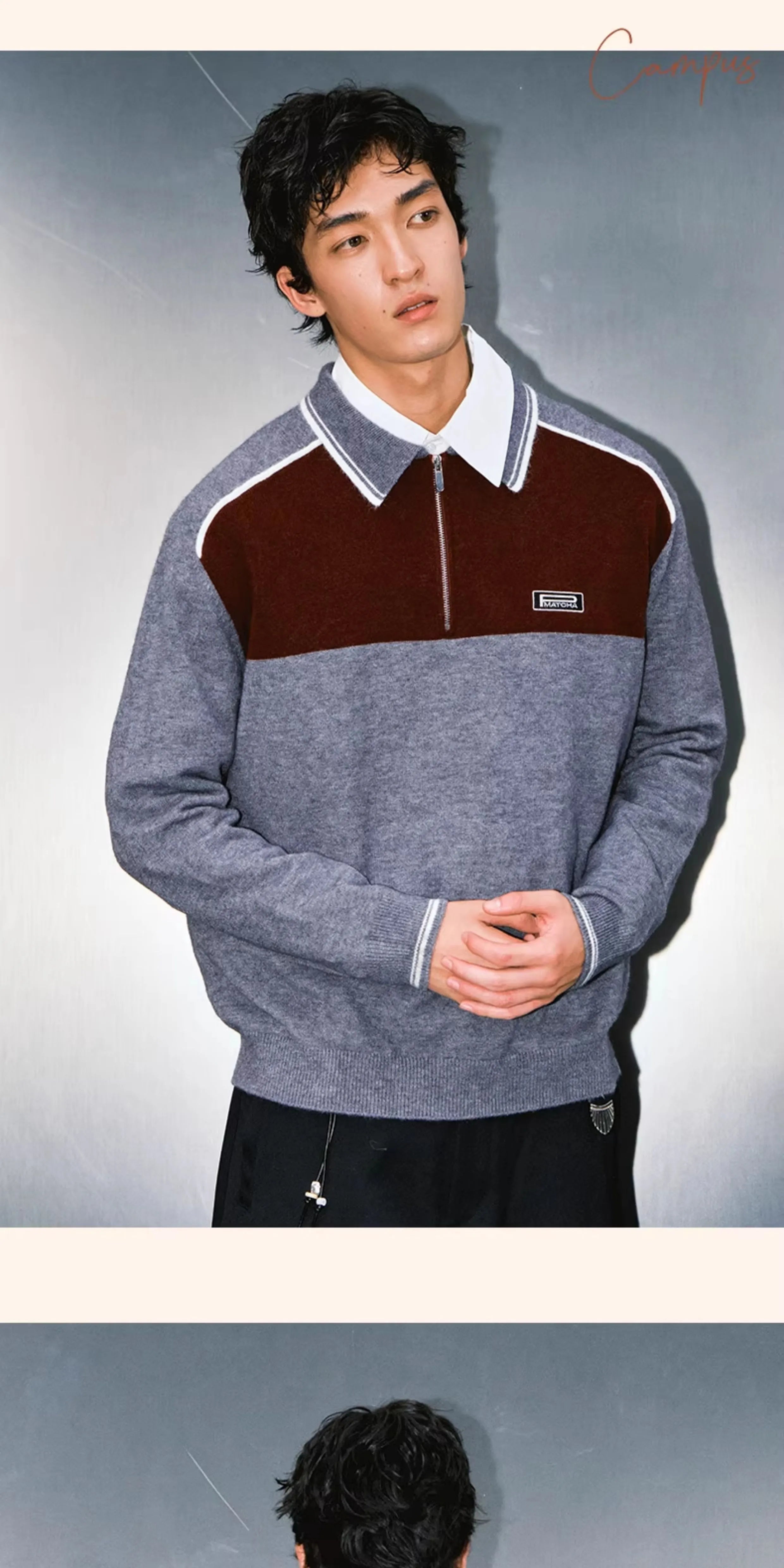 MATCHA STORY Contrast Polo Neck Loose Knitted Sweater