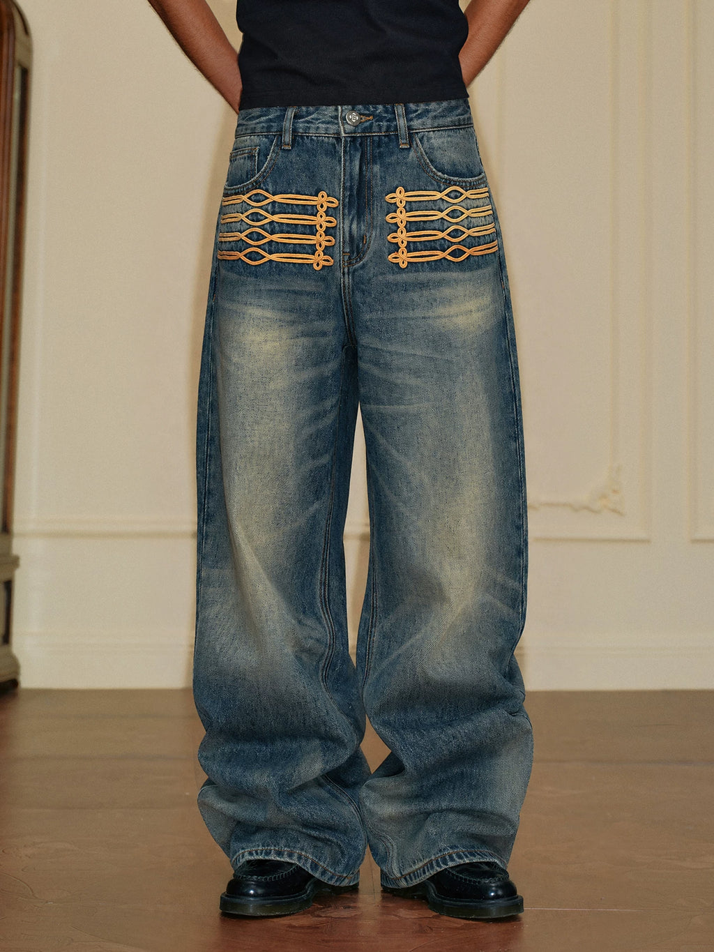 YADcrew Vintage Embroidered Loose Jeans