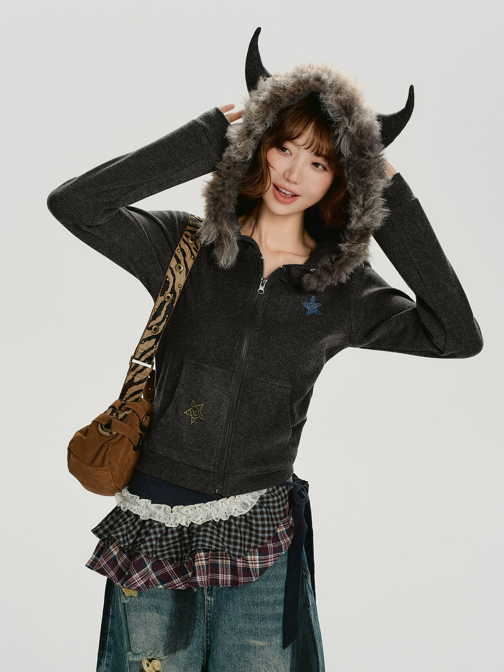 Girlyhalo Vintage Slim Fit Fur Collar Hooded Sweater Jacket