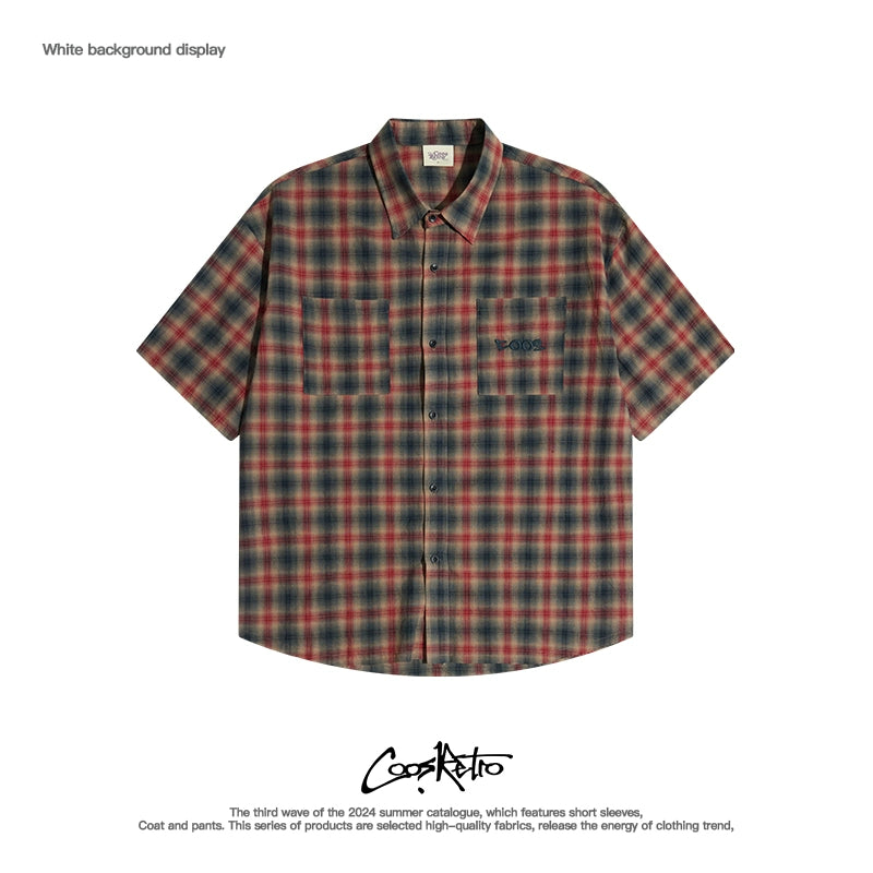 CoosRetro Contrasting Casual Plaid Short-sleeved Shirt