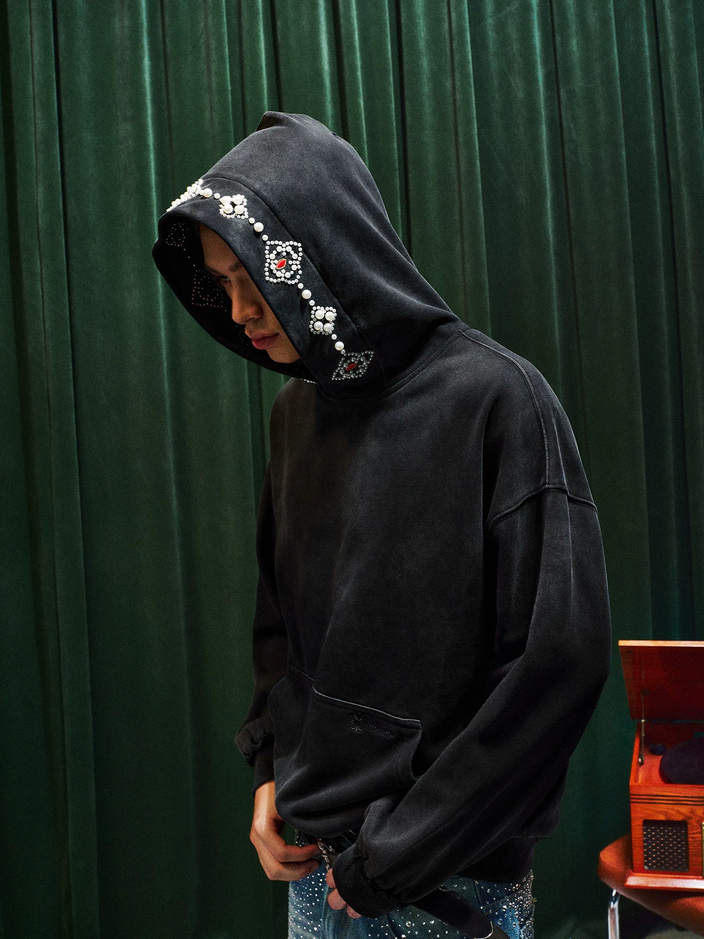 YADcrew Beaded Embroidered Loose Casual Hooded Sweater