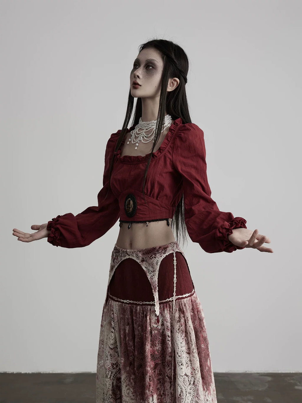 INDULGE Vintage Lace Square Neck Waist Open Navel Long Sleeve