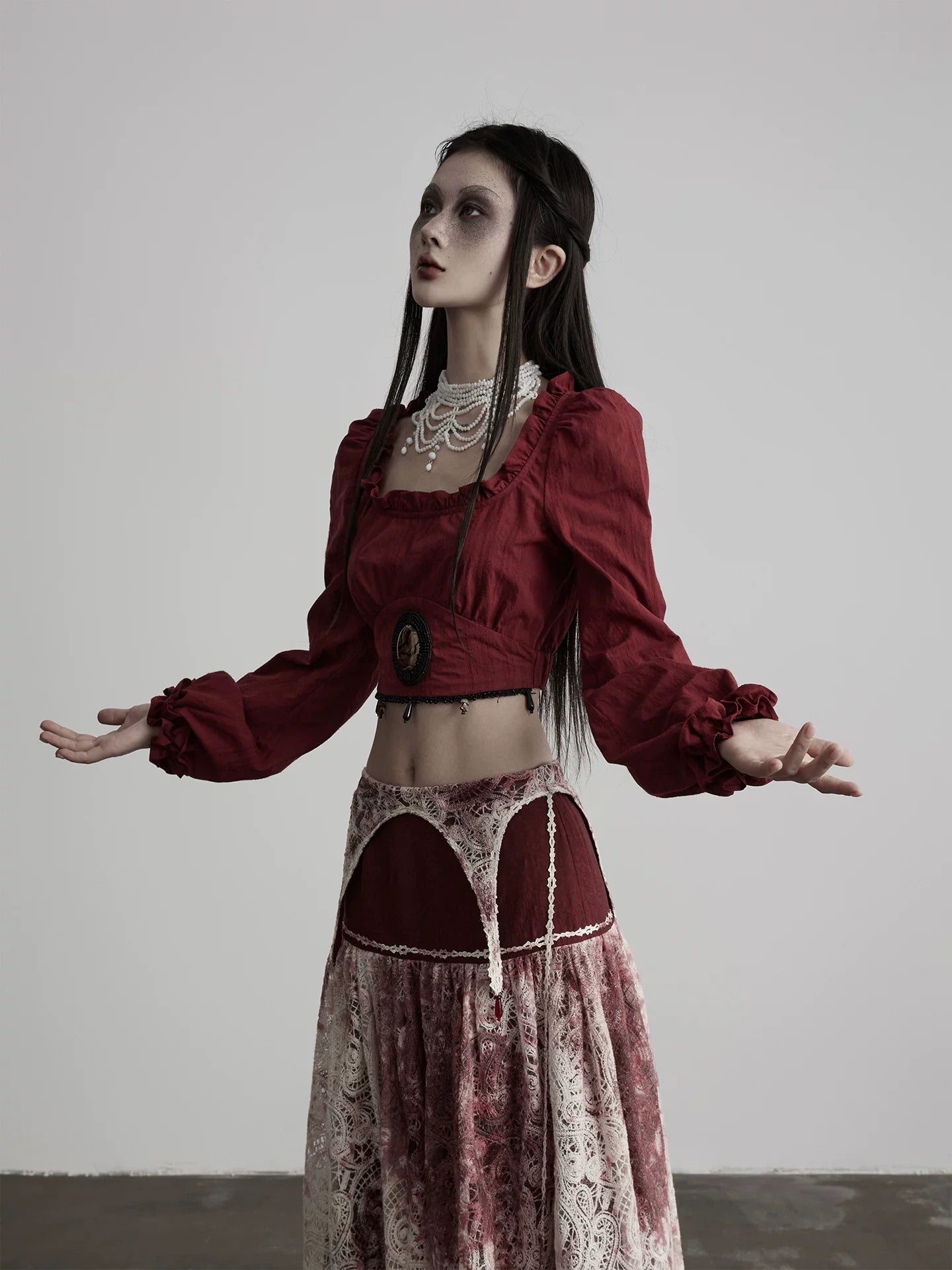 INDULGE Vintage Lace Square Neck Waist Open Navel Long Sleeve
