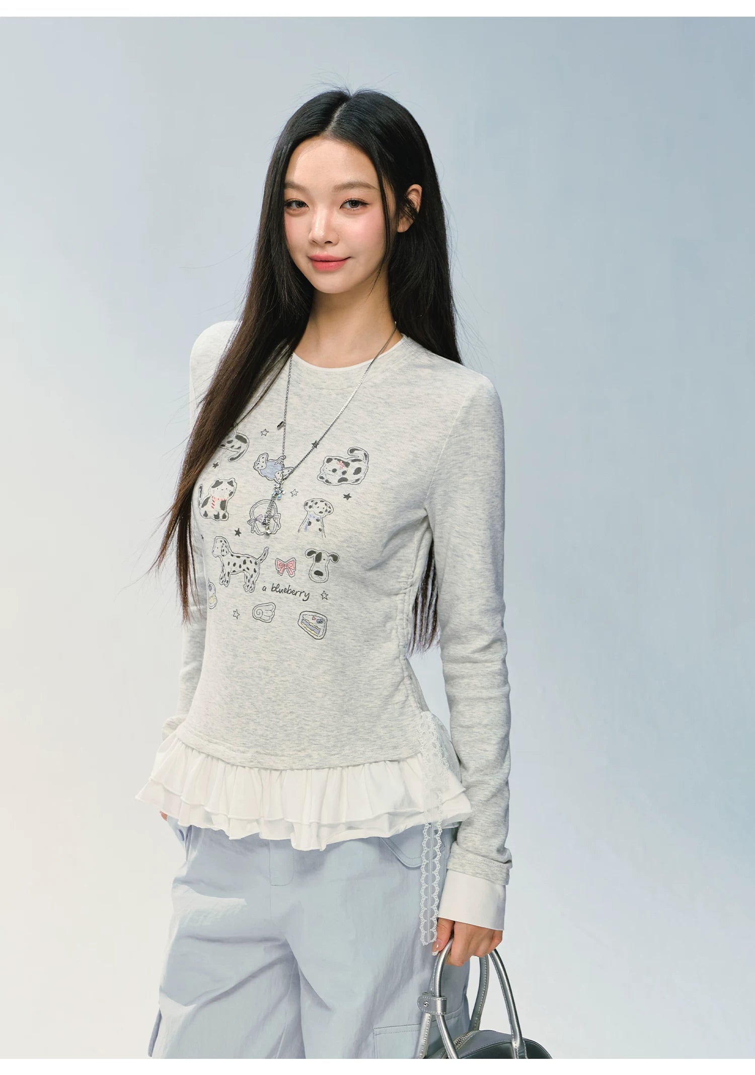 Ablueberry Animal Embroidered Lotus Leaf Hem Casual Long Sleeves