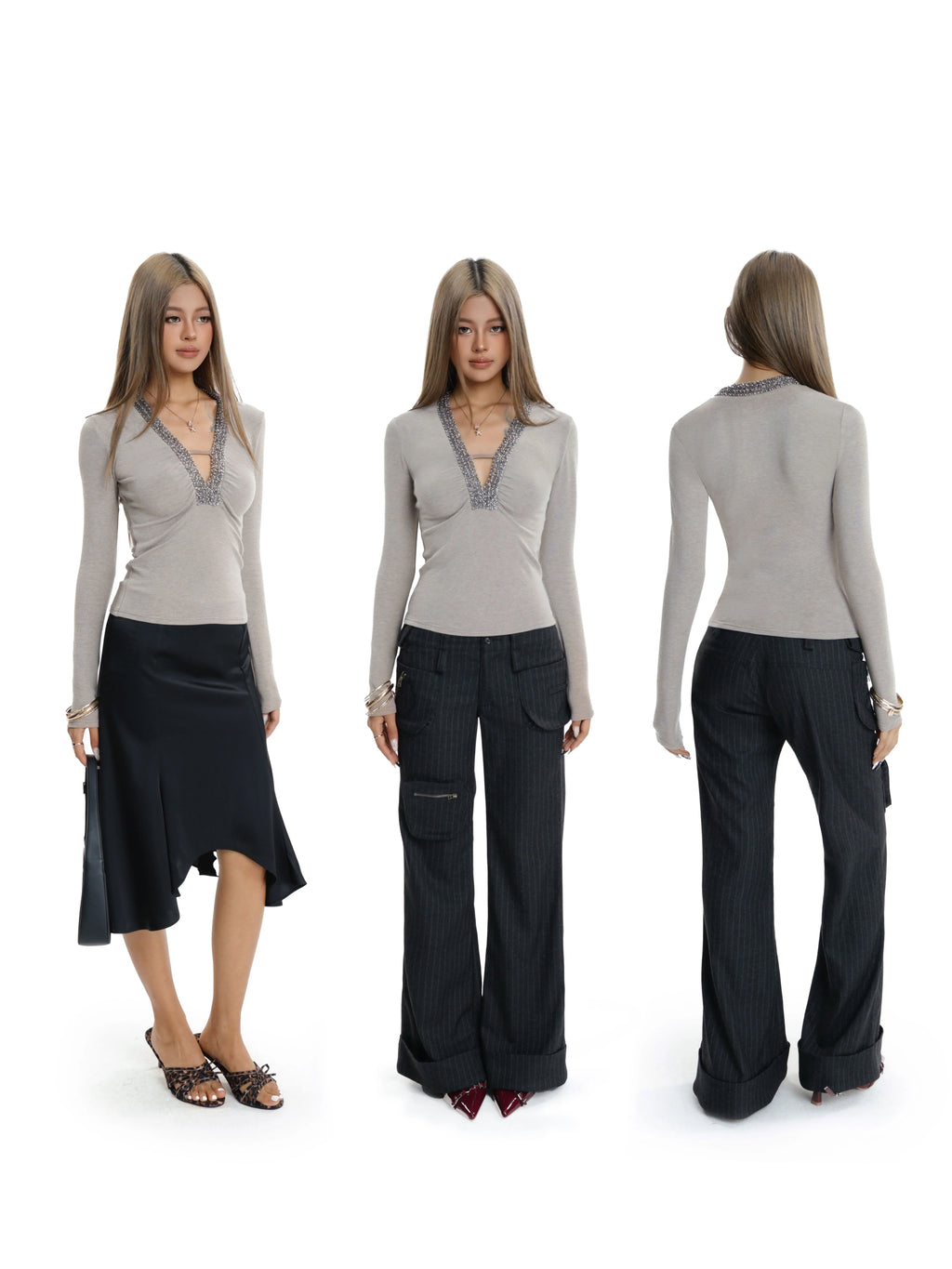 Audwyn V Neck Bead Slim Sleeve