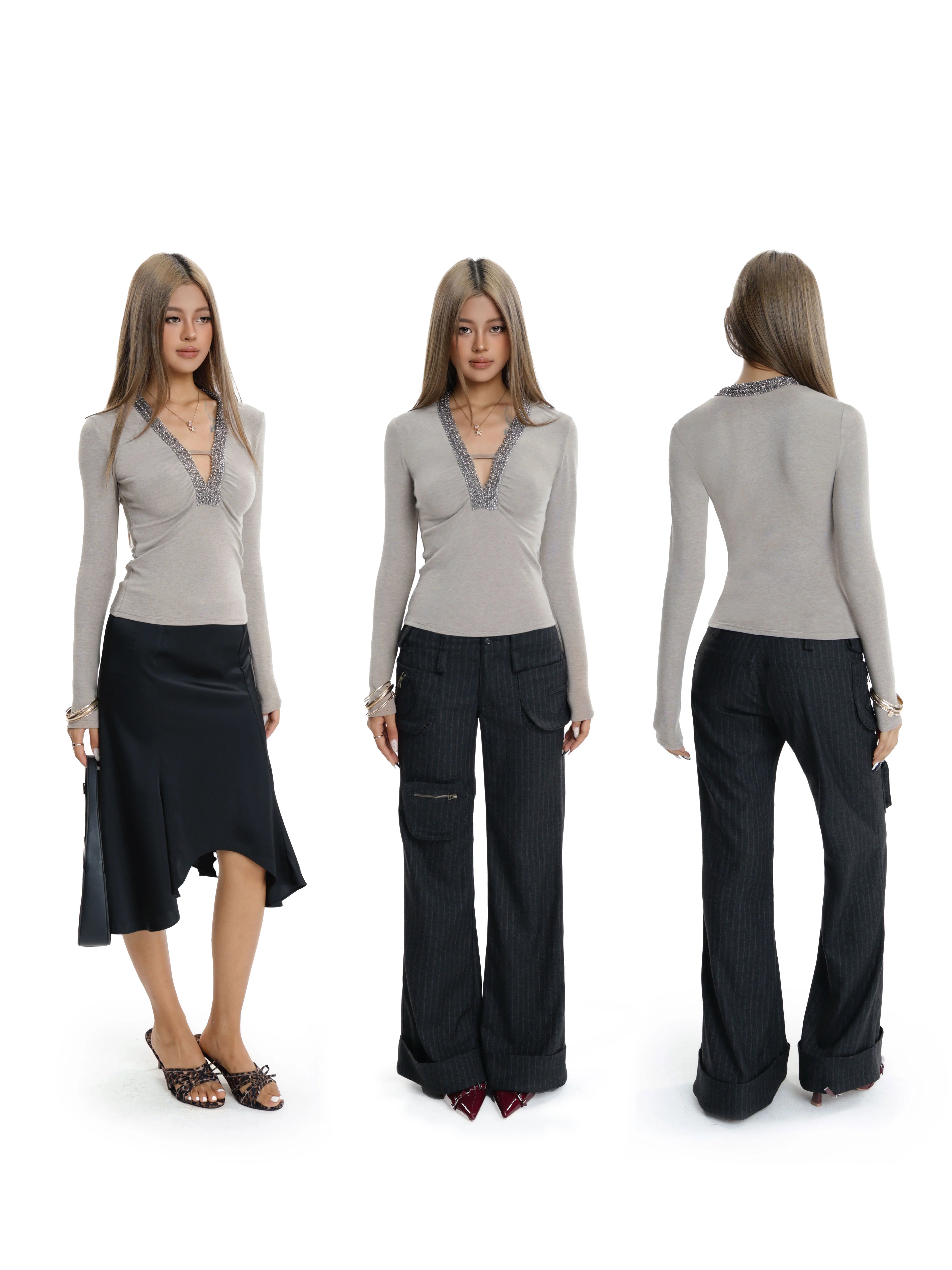 Audwyn V Neck Bead Slim Sleeve
