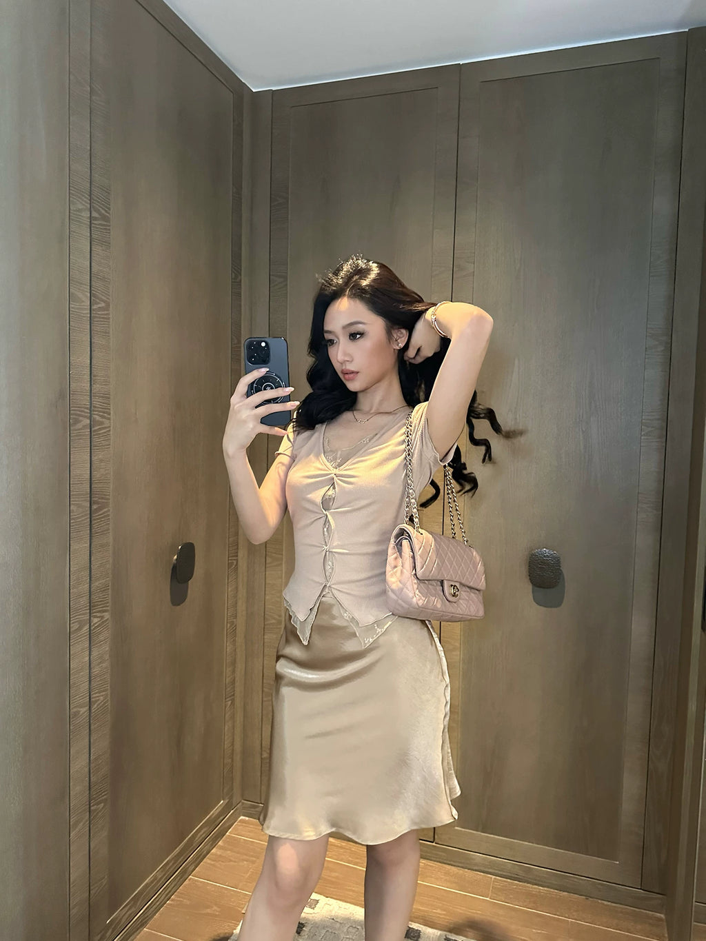 LLROGE Lace Waist Tee Satin Fishtail Skirt Set