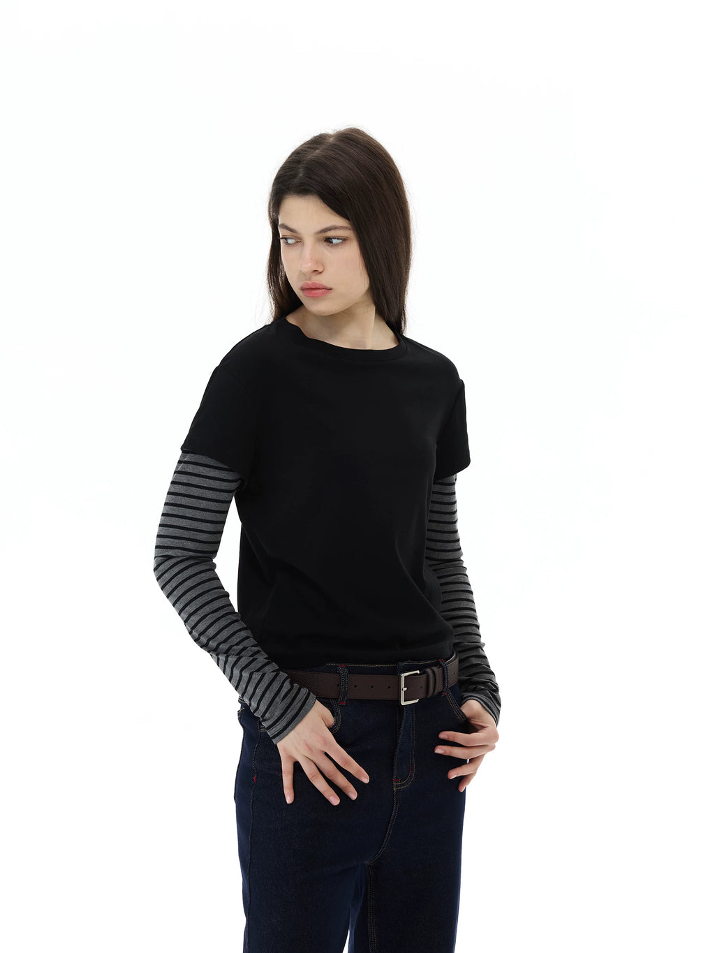 WLNEXT Vintage Fake Two-Piece Striped Front Shoulder Long Sleeve