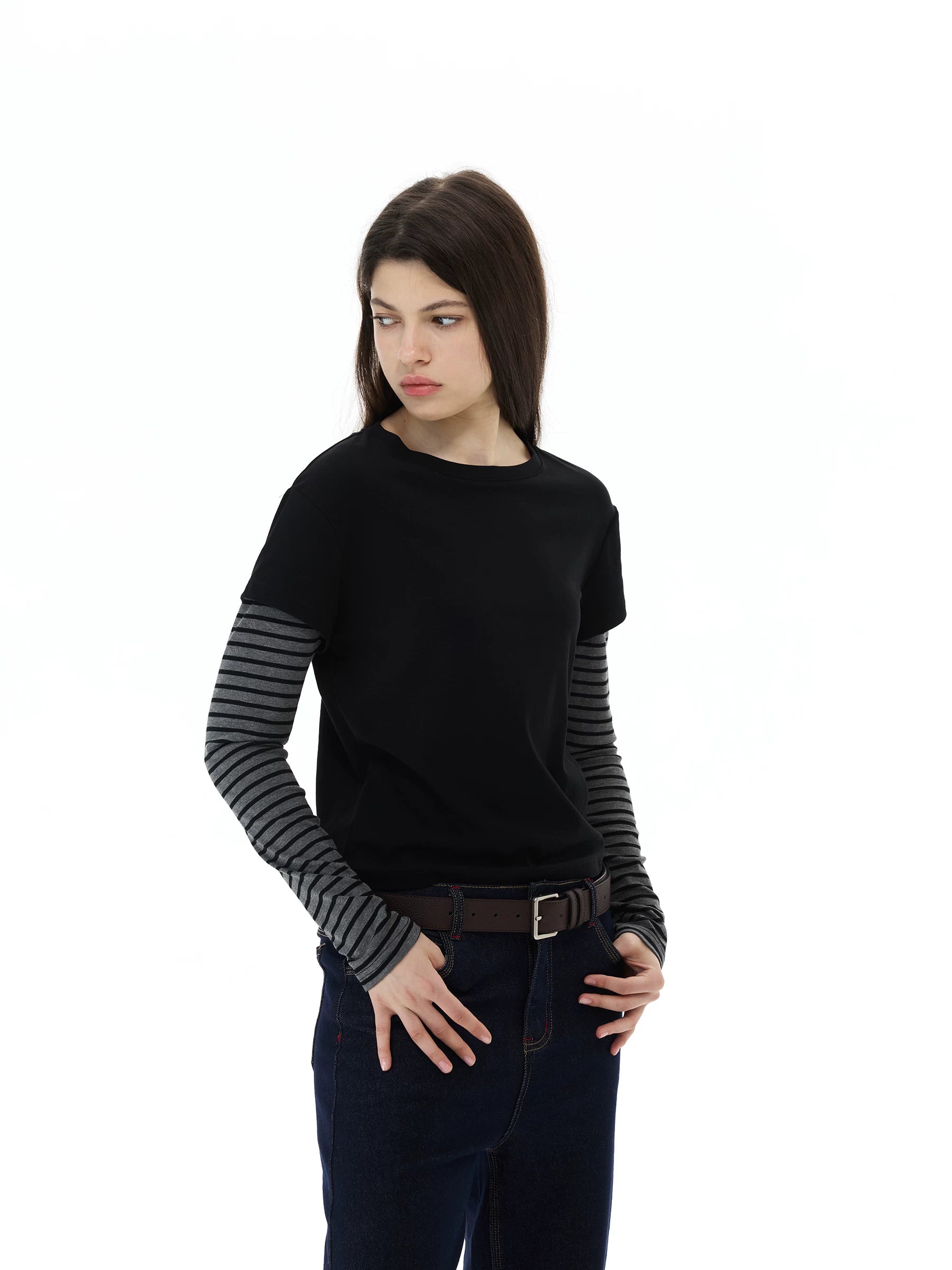 WLNEXT Vintage Fake Two-Piece Striped Front Shoulder Long Sleeve