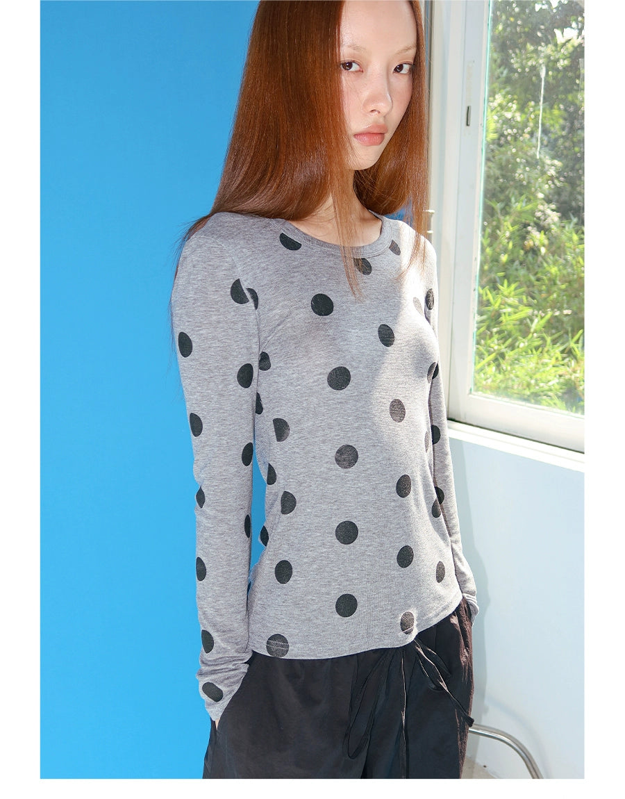 FUNKYFUN Full Printed Polka Dot Printed Elastic Front Shoulder Long Sleeve