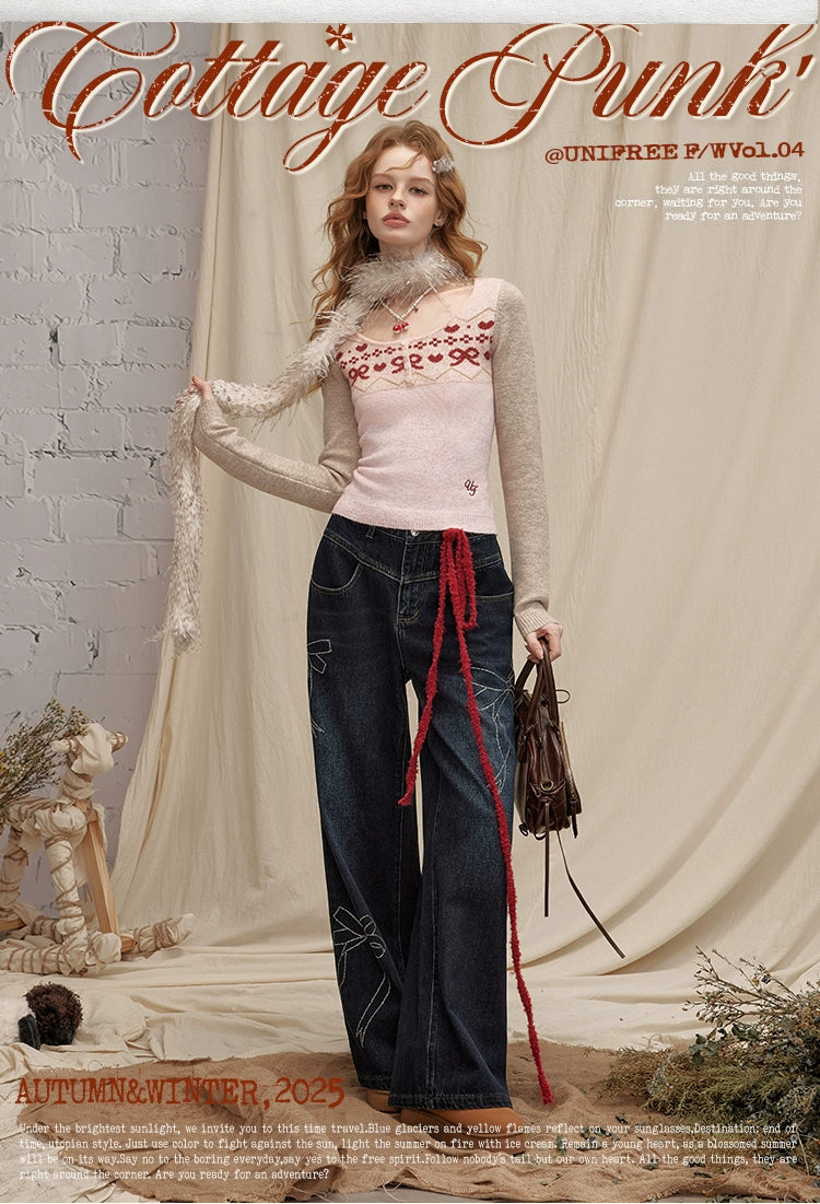 UNIFREE Cat Whisker Loose and Old Straight Jeans with Drill Splicing